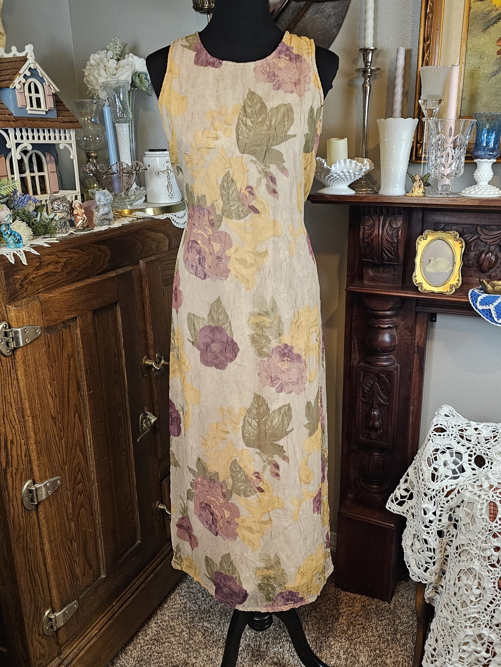 Dani Max Floral Crinkle Chiffon Dress 10 Tie Back Midi 90s Vintage